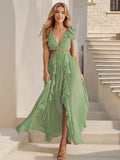 Sexy Slim Backless Dress Bohemian Holiday V-Neck Ruffle Slit Maxi Dress