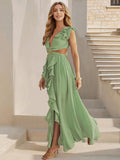 Sexy Slim Backless Dress Bohemian Holiday V-Neck Ruffle Slit Maxi Dress