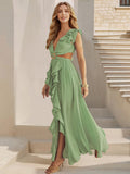 Sexy Slim Backless Dress Bohemian Holiday V-Neck Ruffle Slit Maxi Dress