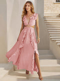 Sexy Slim Backless Dress Bohemian Holiday V-Neck Ruffle Slit Maxi Dress