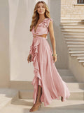 Sexy Slim Backless Dress Bohemian Holiday V-Neck Ruffle Slit Maxi Dress