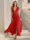 Sexy Slim Backless Dress Bohemian Holiday V-Neck Ruffle Slit Maxi Dress