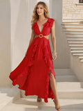 Sexy Slim Backless Dress Bohemian Holiday V-Neck Ruffle Slit Maxi Dress