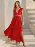 Sexy Slim Backless Dress Bohemian Holiday V-Neck Ruffle Slit Maxi Dress