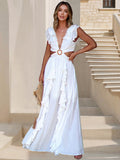 Sexy Slim Backless Dress Bohemian Holiday V-Neck Ruffle Slit Maxi Dress