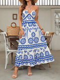 Off-the-shoulder suspender beach dress printed holiday casual halter neck cross dress
