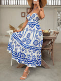Off-the-shoulder suspender beach dress printed holiday casual halter neck cross dress