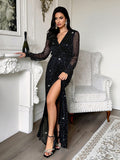 Elegant V-neck long-sleeved corset maxi dress