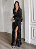Elegant V-neck long-sleeved corset maxi dress