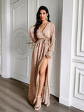 Elegant V-neck long-sleeved corset maxi dress