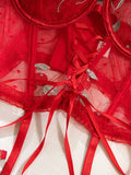 Red flower embroidered sexy lingerie gathered comfortable tie rope two-piece set