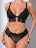 New style bra set with lace French triangle cups, gathered and adjustable thin straps and thong