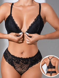New style bra set with lace French triangle cups, gathered and adjustable thin straps and thong