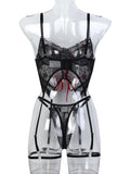 Flower embroidered cross-strap sexy lingerie three-piece set