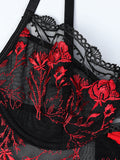 Flower embroidered cross-strap sexy lingerie three-piece set