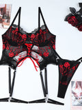 Flower embroidered cross-strap sexy lingerie three-piece set
