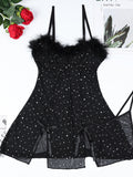 Sexy hot diamond feather splicing see-through elastic mesh slit dress two-piece set