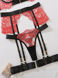 Black and red perspective embroidered lace sexy lingerie four-piece set