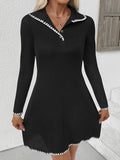 Contrast-edged knitted slim-waist A-line long-sleeved dress