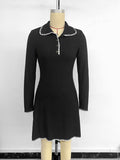 Contrast-edged knitted slim-waist A-line long-sleeved dress