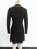 Contrast-edged knitted slim-waist A-line long-sleeved dress