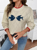 New contrasting color trim fish pattern round neck pullover knitted sweater