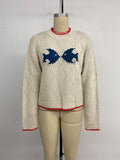 New contrasting color trim fish pattern round neck pullover knitted sweater