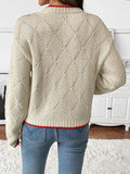 New contrasting color trim fish pattern round neck pullover knitted sweater