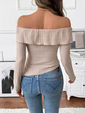 Solid color long-sleeved one-shoulder neckline irregular hem knitted T-shirt
