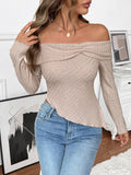 Solid color long-sleeved one-shoulder neckline irregular hem knitted T-shirt