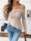 Solid color long-sleeved one-shoulder neckline irregular hem knitted T-shirt