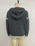 Casual loose V-neck hooded sweater dark gray contrasting trim sweater