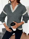 Casual loose V-neck hooded sweater dark gray contrasting trim sweater
