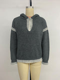 Casual loose V-neck hooded sweater dark gray contrasting trim sweater
