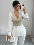 Elegant patchwork long-sleeved vest shirt
