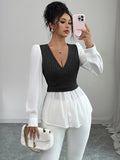 Elegant patchwork long-sleeved vest shirt