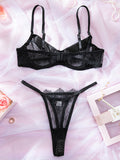 Solid color sexy satin splicing lace underwear set