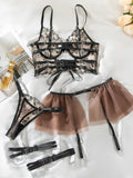 New Sexy Lace Mesh Embroidery Buttoned See-Through Suspender Bra Set