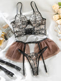 New Sexy Lace Mesh Embroidery Buttoned See-Through Suspender Bra Set