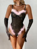 Christmas Halloween Sexy See-Through Simple Feather Splicing Bodysuit
