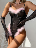 Christmas Halloween Sexy See-Through Simple Feather Splicing Bodysuit