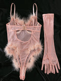 Christmas Halloween Sexy See-Through Simple Feather Splicing Bodysuit