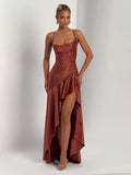 Sexy halter dress with ruffled, irregular hem.