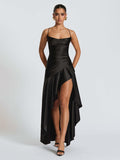 Sexy halter dress with ruffled, irregular hem.