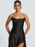 Sexy halter dress with ruffled, irregular hem.