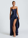 Sexy halter dress with ruffled, irregular hem.