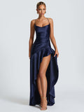Sexy halter dress with ruffled, irregular hem.