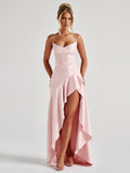 Sexy halter dress with ruffled, irregular hem.