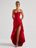 Sexy halter dress with ruffled, irregular hem.