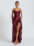 Sexy halter dress with ruffled, irregular hem.
